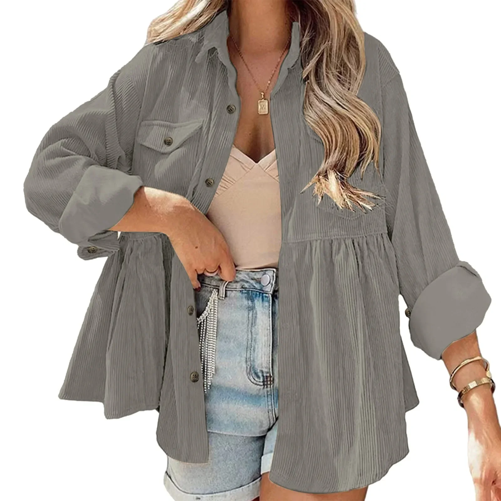 

Womens Corduroy Shirts Autumn Winter Button Blouses Solid Color Casual Long Sleeves Loose Pockets Shirt Tops Ladies Overcoat