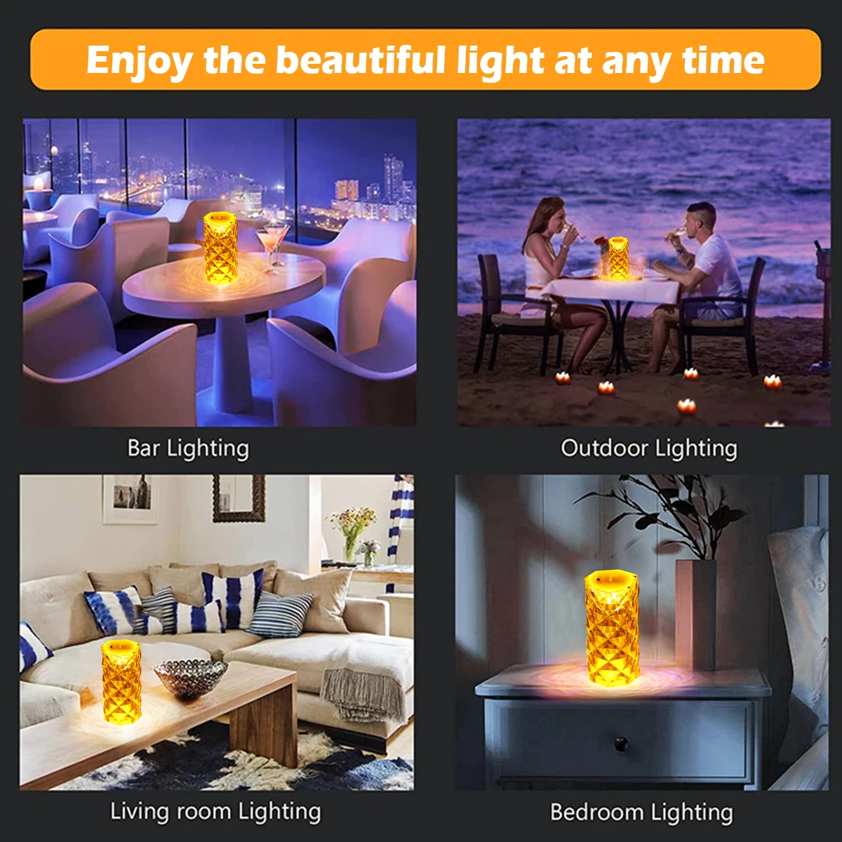 LED 3D Efeito Diamante Atmosfera Lâmpada, Candeeiro De Mesa De Cristal, USB Touch Night Light, Overflow para Decoração Do Quarto