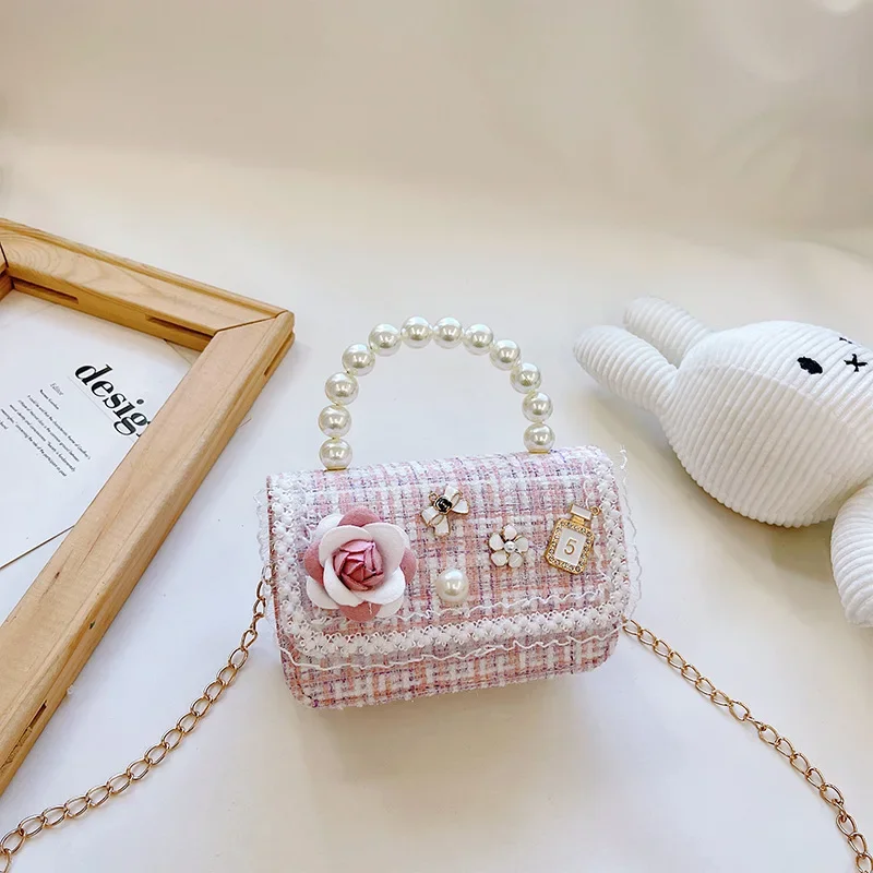 Mini Fashion Girls Pearl Coin Purse New Plaid Cute Little Girl Handbag Children Clothing Matching