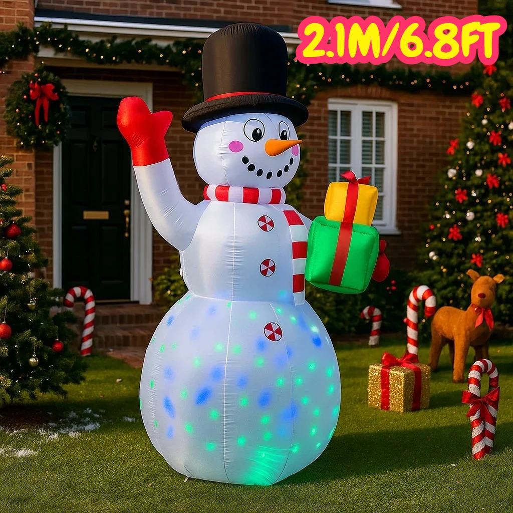 Muñeco de nieve inflable de 2,1 M/6,8 pies con regalos, luces LED para exteriores, decoraciones para el hogar, juguetes, adornos navideños para patio, decoración de iluminación navideña
