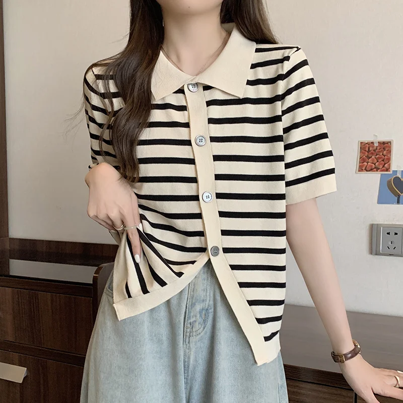 

XL-4XL Large Size Split Lapel T-shirt Women Summer Loose Short Sleeve Stripe Split Ice Silk Knitting Tops Oversize Clothing