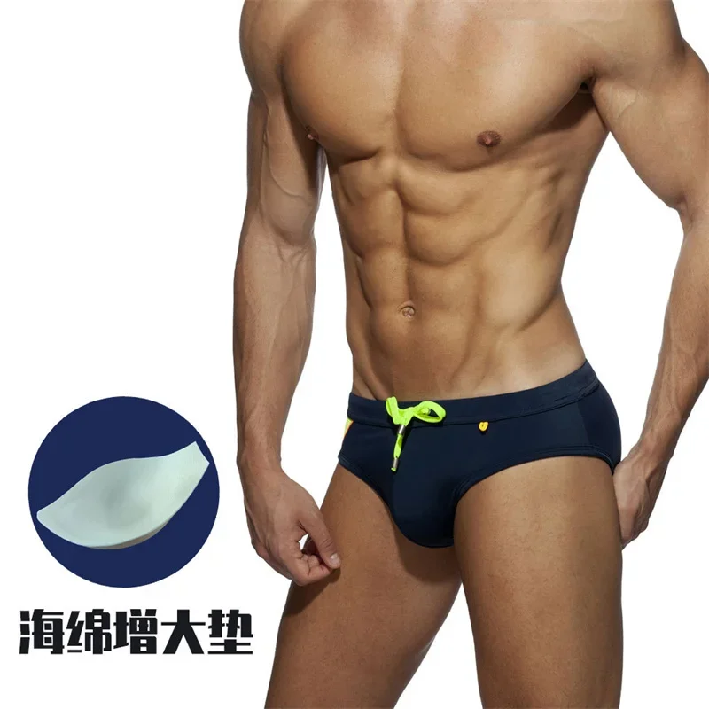 Men's Bikini Swimwear Simple Patchwork Nylon Briefs With/Without Sponge Pad Comfort Beach Shorts Sexy Swim Trunks