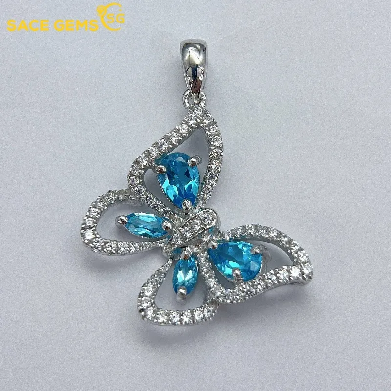 

SACEGEMS New Luxury 925Sterling Silver 4*6MM Natual Sky Blue Topaz Pendant Necklace for Women Cocktail Party Fine Jewelry Gift