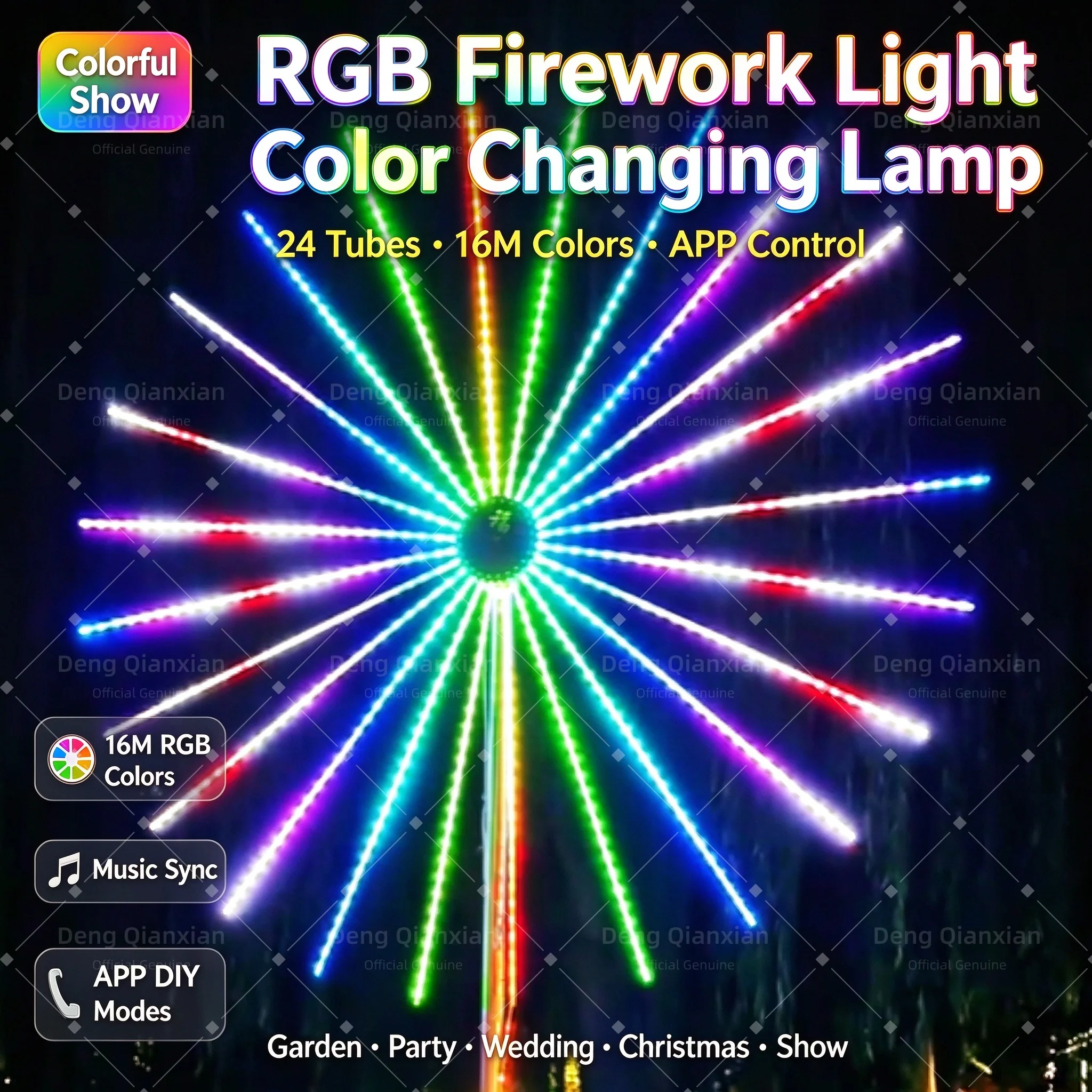 Double-Sided Firework LED Light, 24 Tubes Colorful RGB, Sound Activated Music, Waterproof for New Year Garden Decor
