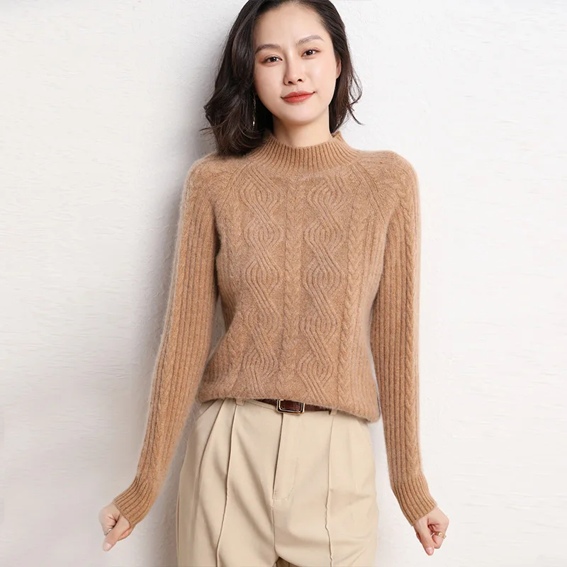 High Quality Sweater Autumn and Winter New Pure Color Half Collar Women's Twisted Flower Thick Loose Sweaters Base