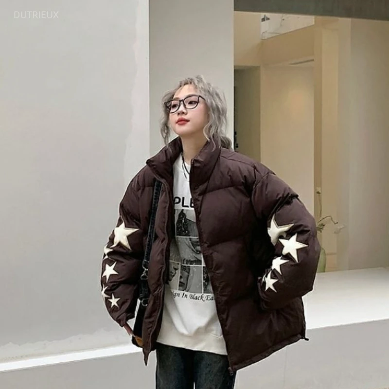 American Star Patch Work Parkas Women Winter Thick Warm Streetwear Loose Cotton Padded Jackets Stand Collar Zip Up Y2k Coats