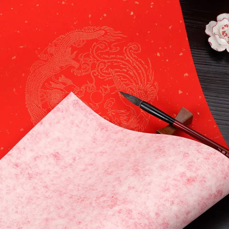 Red Rice Paper Dragon Phoenix Pattern Half-Ripe Xuan Paper Chinese Spring Festival Couplets Calligraphy Brush Pen Writing Papier