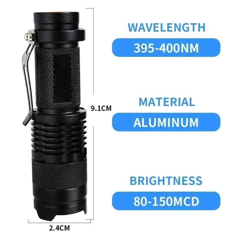 Lampe de poche UV ultra étanche en verre portable, lumière noire, lampe zoomable, outil de détection des taches d'urine d'animaux de compagnie Scorpion