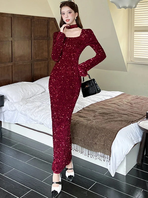 

iny Sequin Evening Dr Women's Long Sve Square Collar Waist Cinched Slimming Ele Skirt Mid-thin Polyester