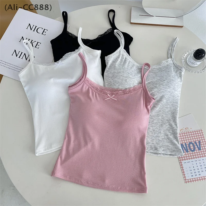 여름 레이스 스위트 보우 솔리드 컬러 슬림 캐미솔 노출 방지 언더 셔츠 브라 패드가있는 다목적 탑