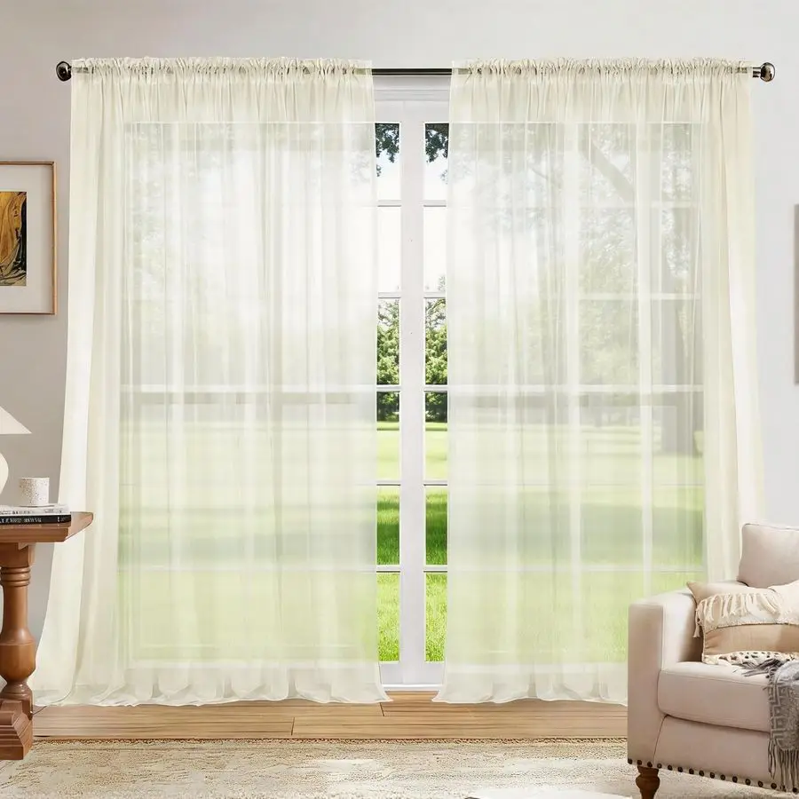 

Однотонные полупрозрачные шторы длиной 102 дюйма, цвет слоновой кости, с карманом для карниза, для спальни и гостиной, 2 панели, каждая 100 ш x 102 д.