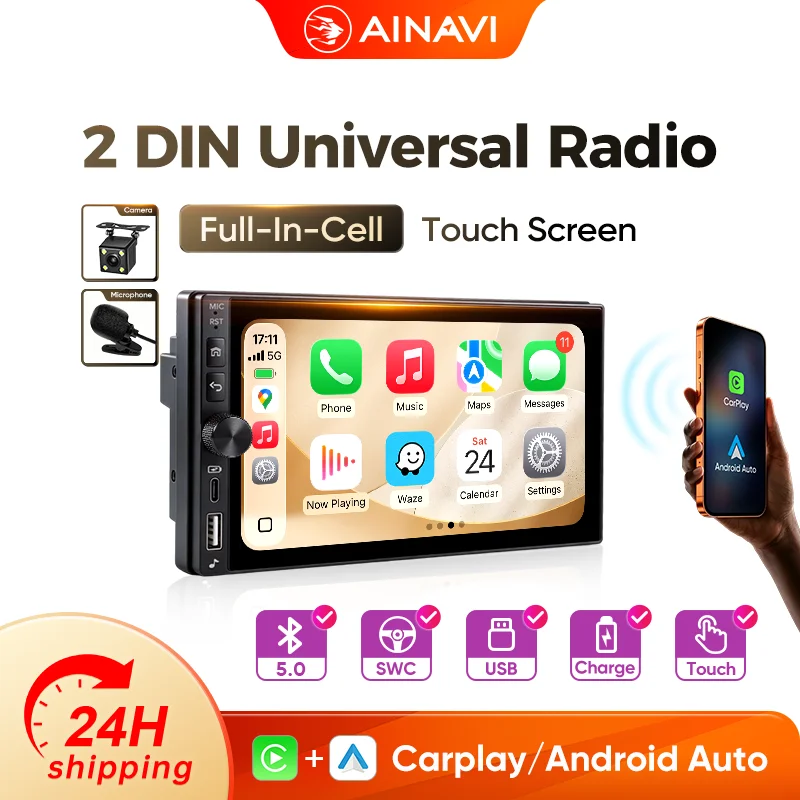 AINAVI 2Din 7 Zoll für universelle Fahrzeuge, kabelloses Carplay, Android Auto, Autoradio, Bluetooth, Autostereo, Autodisplay, Multimedia-Player, Infotainment-System, intelligente Fahrzeugsysteme,