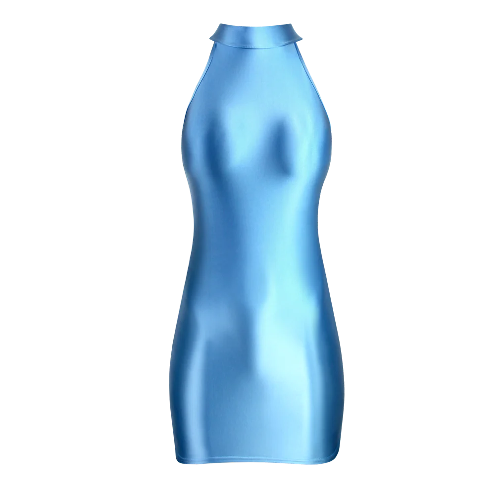 Abito da donna in raso lucido lucido senza maniche collo alto gonna aderente liscio elastico tinta unita sexy olio glitter Mjinm