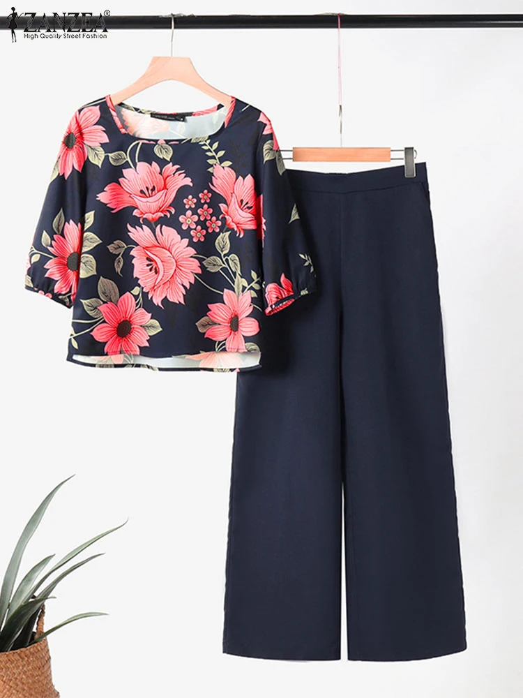 ZANZEA Floral Print Square Collar Blouse Vintage Pant Sets Solid Trousers Casual Elegant Women Tracksuits Holiday 2pcs Outfits