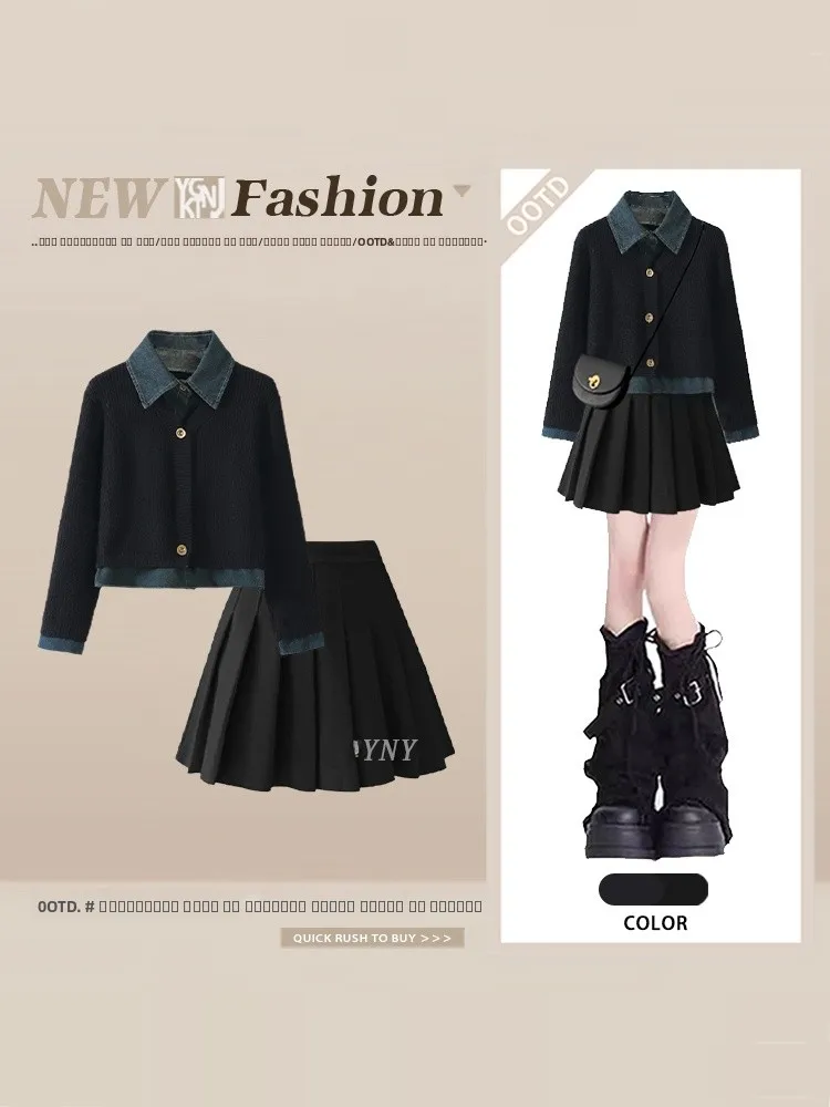 

Джинсовый свитер с воротником в стиле пэчворк для колледжа, комплект с юбкой, женская зимняя модная плиссированная юбка небольшого размера, ансамбль