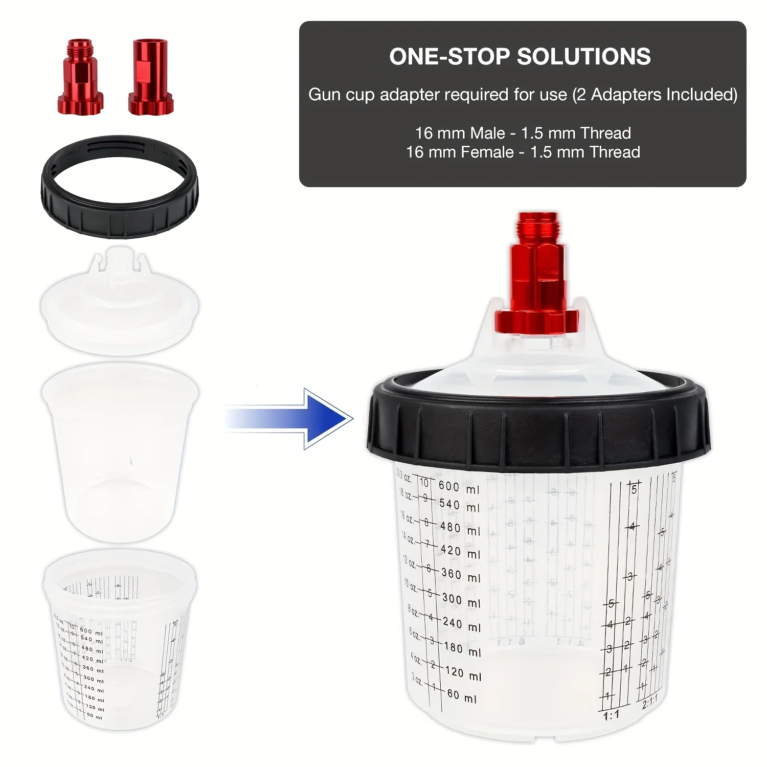 15Pcs Spray Gun Paint Mixing Cup H/O Type Quick Cup Spray Gun Tank 600ML Disposable Paint Cup with M16 Spray Gun Cup Adapter