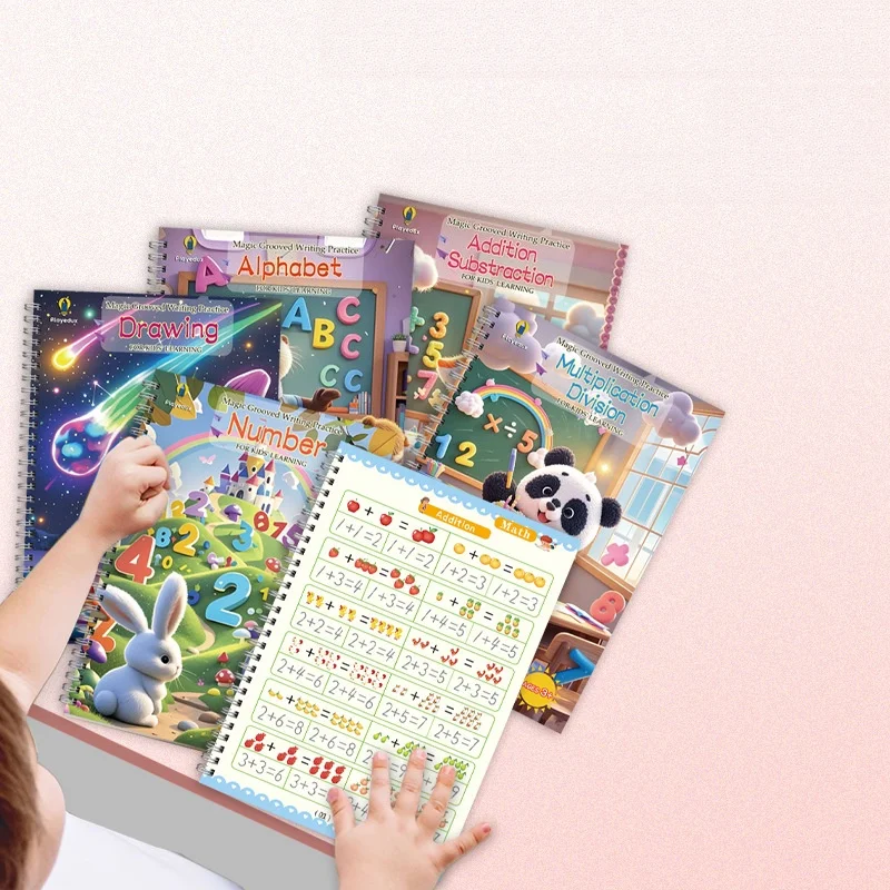 1/5Pcs Reusable English Groove Book, Early Childhood Pen Control Training Drawing Book, Simple Drawing Enlightenment Picture Book, Numbers, Letters, Drawing, Calculation Copybook, Early Education Practice Guide