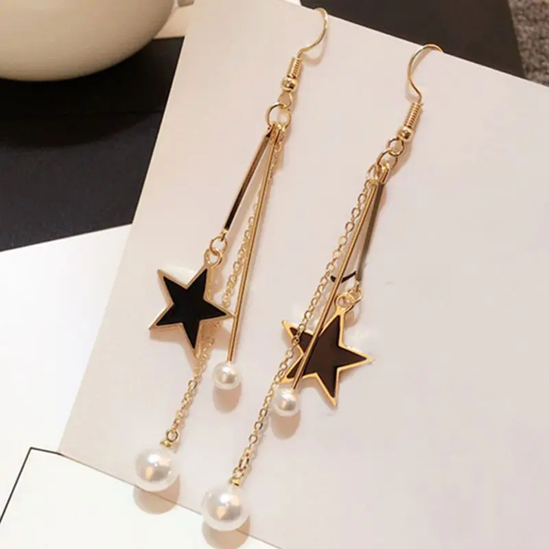 Fashion Long Tassel Earrings for Women Wedding Party Pearl Star Charms Dangle Earrings Vintage Hook Drop Earrings Jewelry Gift