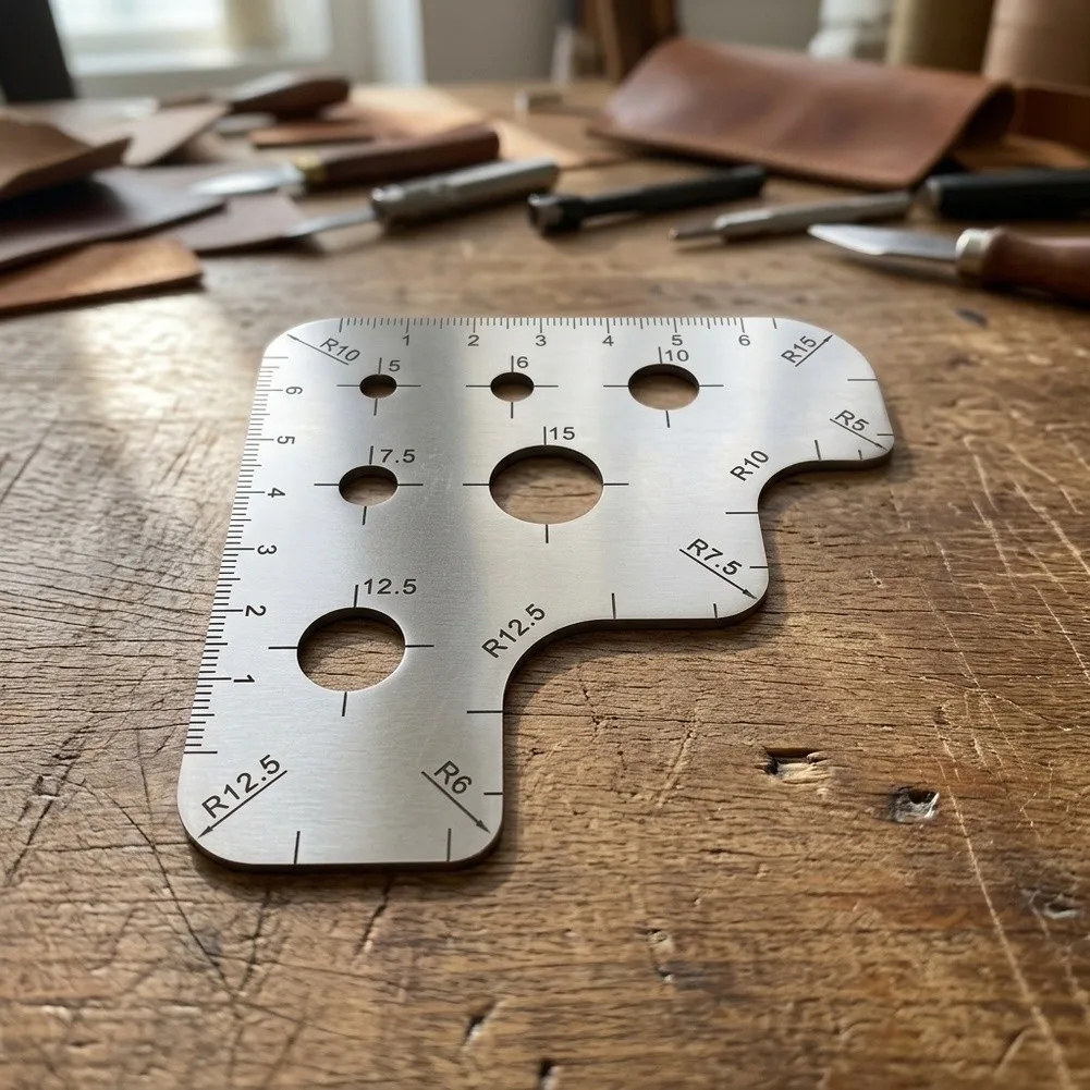 Multi Purpose Leather Ruler Stainless Steel Scale Line Tool for Measuring Angles and Cutting Rounded Corners Precisely