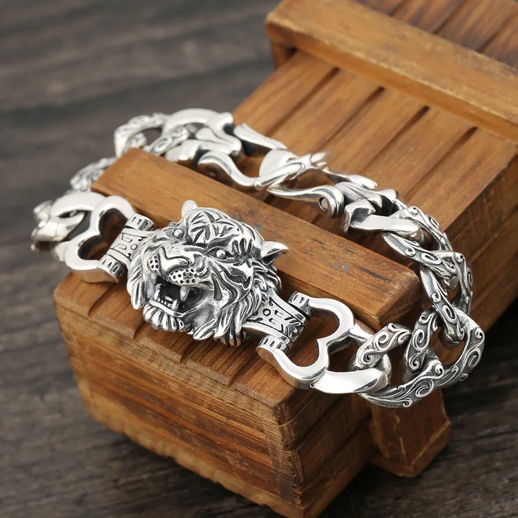 Ethnic style punk 925 sterling silver men's domineering tiger head bracelet wide face personalized trendy vine pattern vintage b