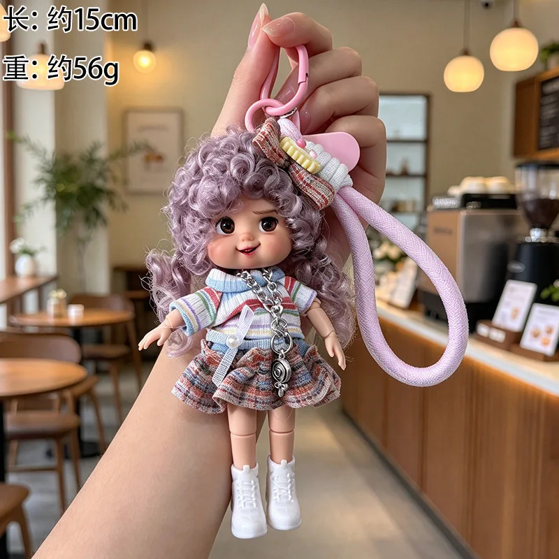 15cm Curly Hair Doll Luxury Sweet Cool Joints Moveable Doll Keychain Pendant Mini Cute Girl Princess Doll Dress Up Toy Bag Charm