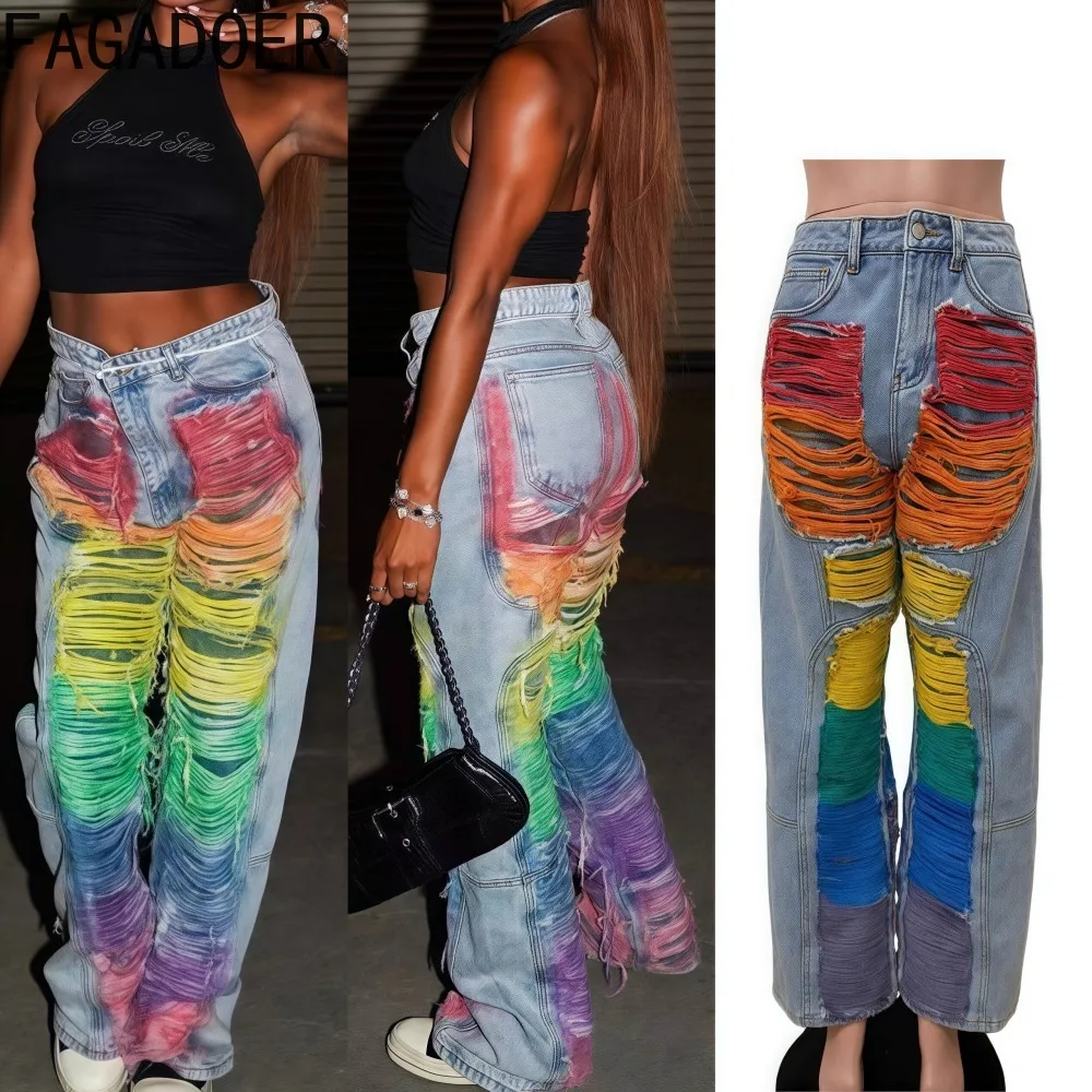 

FAGADOER Vintage Fashion Gradient Denim Pants Women Blue Zipper Tassels Patchwork Jeans Female Streetwear Bottoms 2025 New