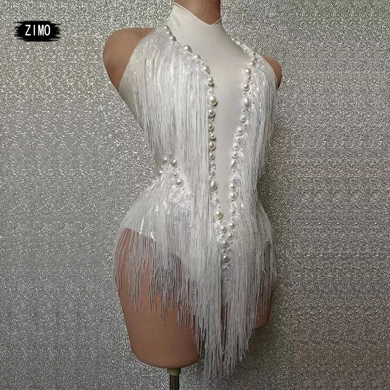 fashion pearl sequin Fringes Leotard Sexy Tassel Bodysuit women white pole Latin Dance Costume Stage Dancer DS Performance Show