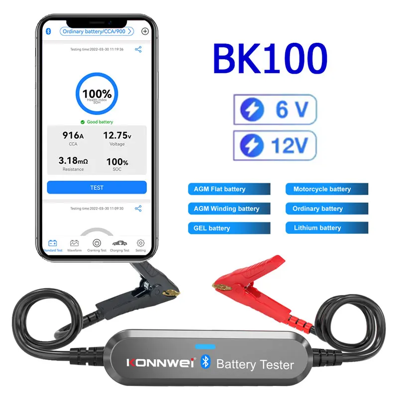 KONNWEI BK100 Bluetooth 5.0 Car Motorcycle Battery Tester 6V/12V Battery Analyzer 100 To 2000 CCA  Test Tools Enhanced Version