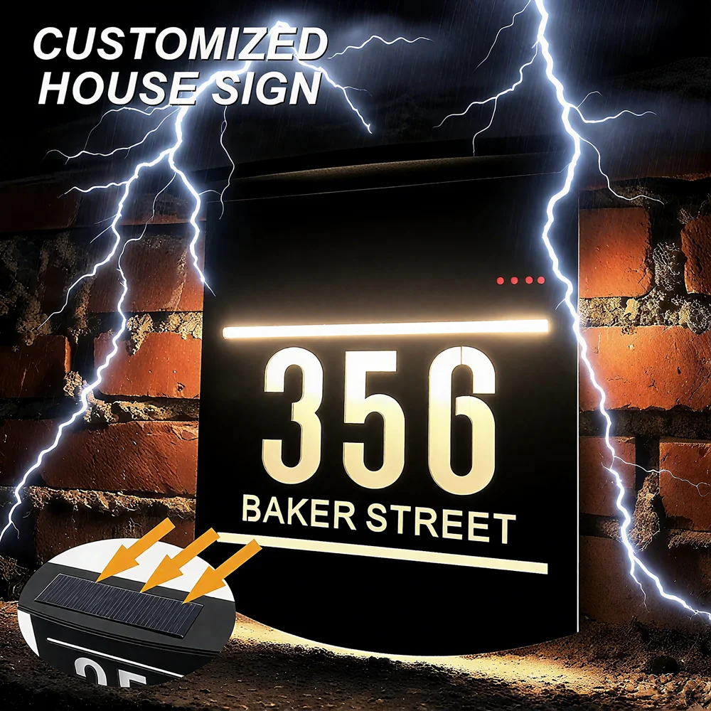 Personalized Solar House Sign Acrylic Plaque LED Customized Address Plaque Outdoor Street Name Solar House Number Sign