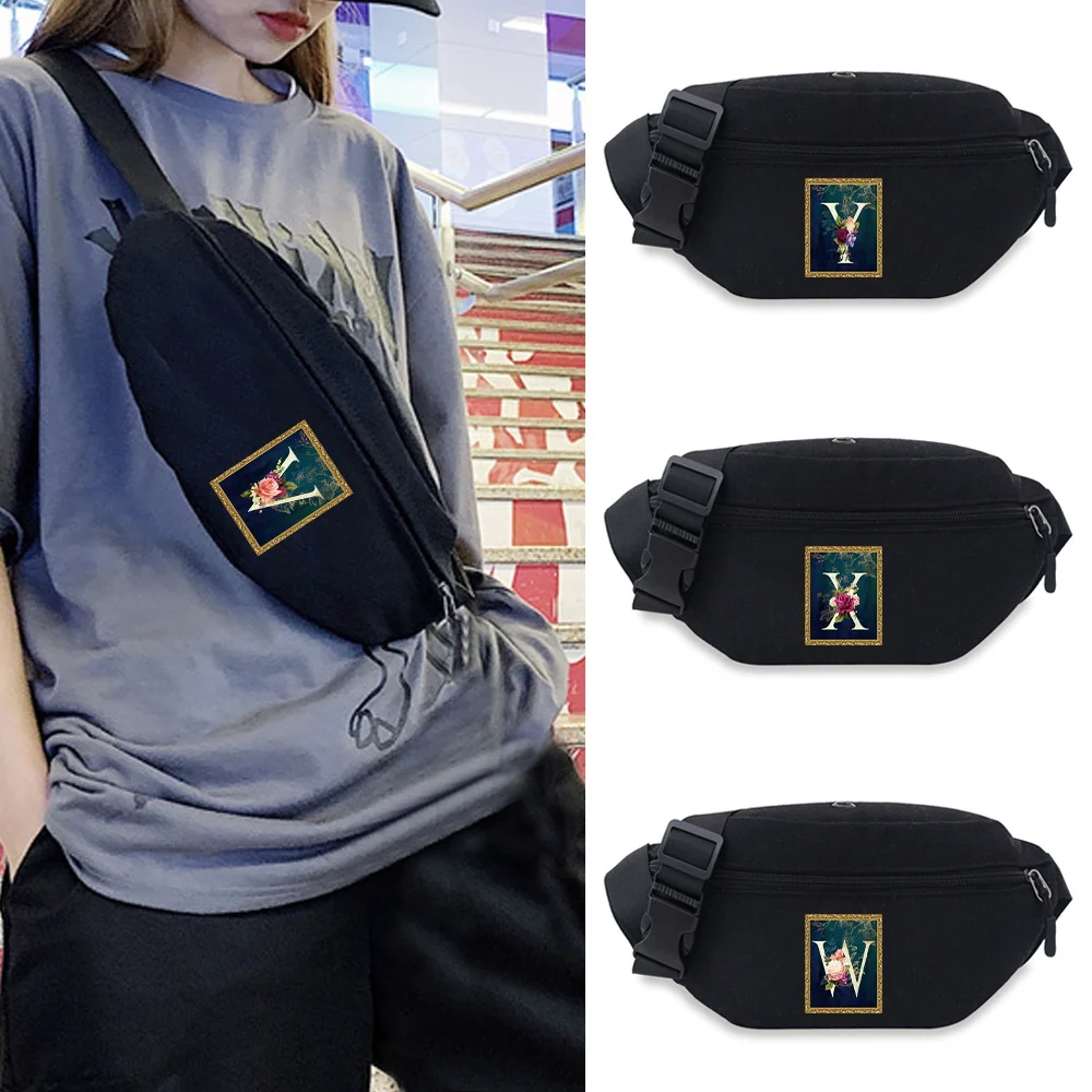 Travel Shoulder Bag Multifunctional Outdoor Waist Bags with Zipper Flower Letter Series Printing Pattern Mobile Phone Canvas Bag