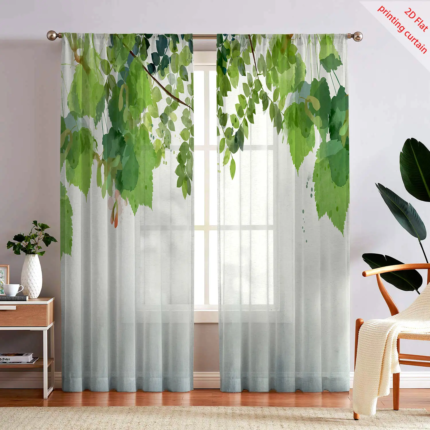 Green leaf flower printed transparent gauze curtain, romantic home decoration, suitable for living room bedroom balcony windows