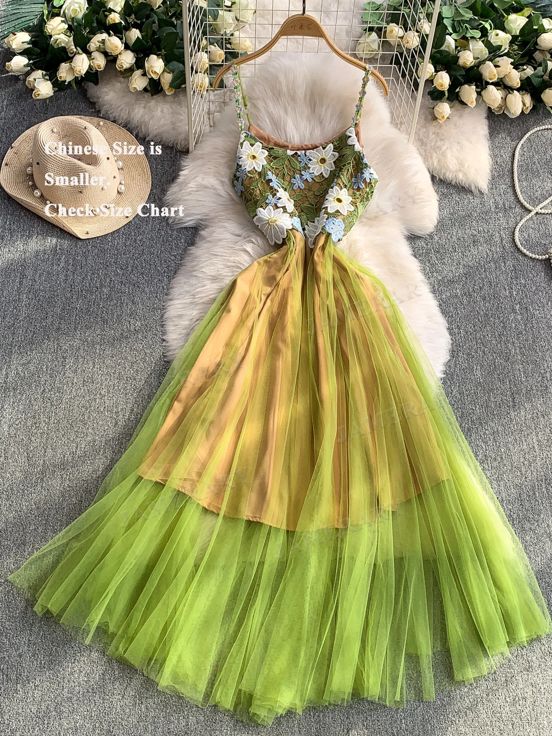 الجنية الأميرة الصيف تول فستان طويل المرأة التطريز فساتين السهرة الرسمية الأخضر ثلاثية الأبعاد زهرة الكروشيه الجوف خارج فساتين الحفلات