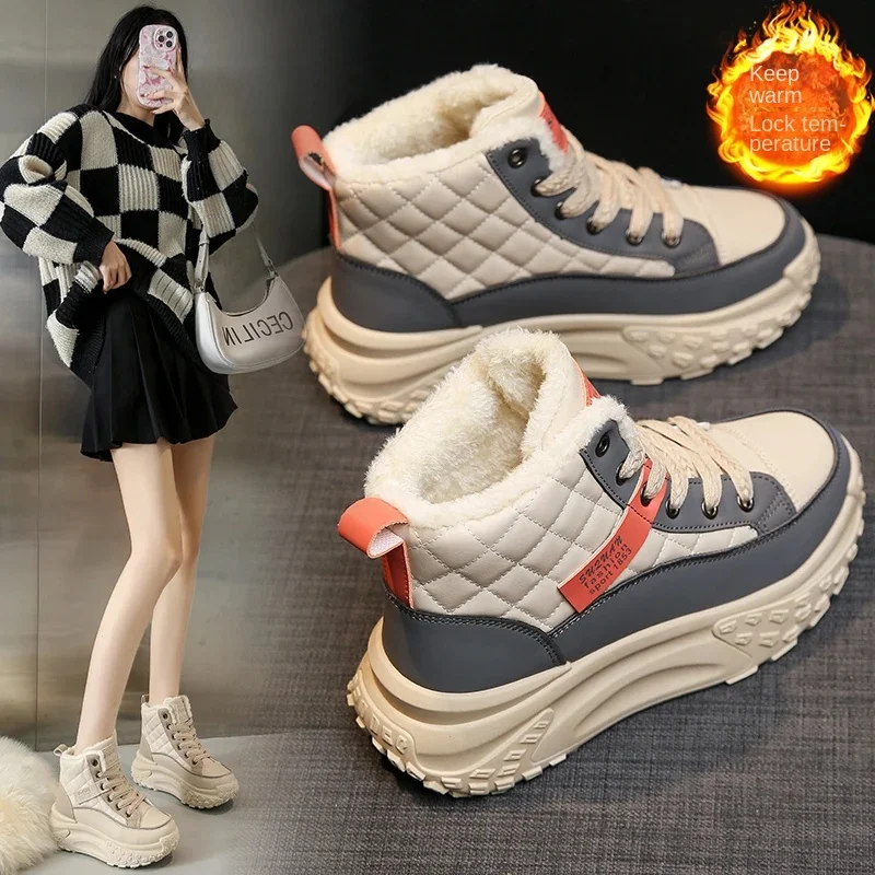 High top daddy shoes women 2023 winter plus cashmere warm sports shoes explosive women's shoes to increase thick soles