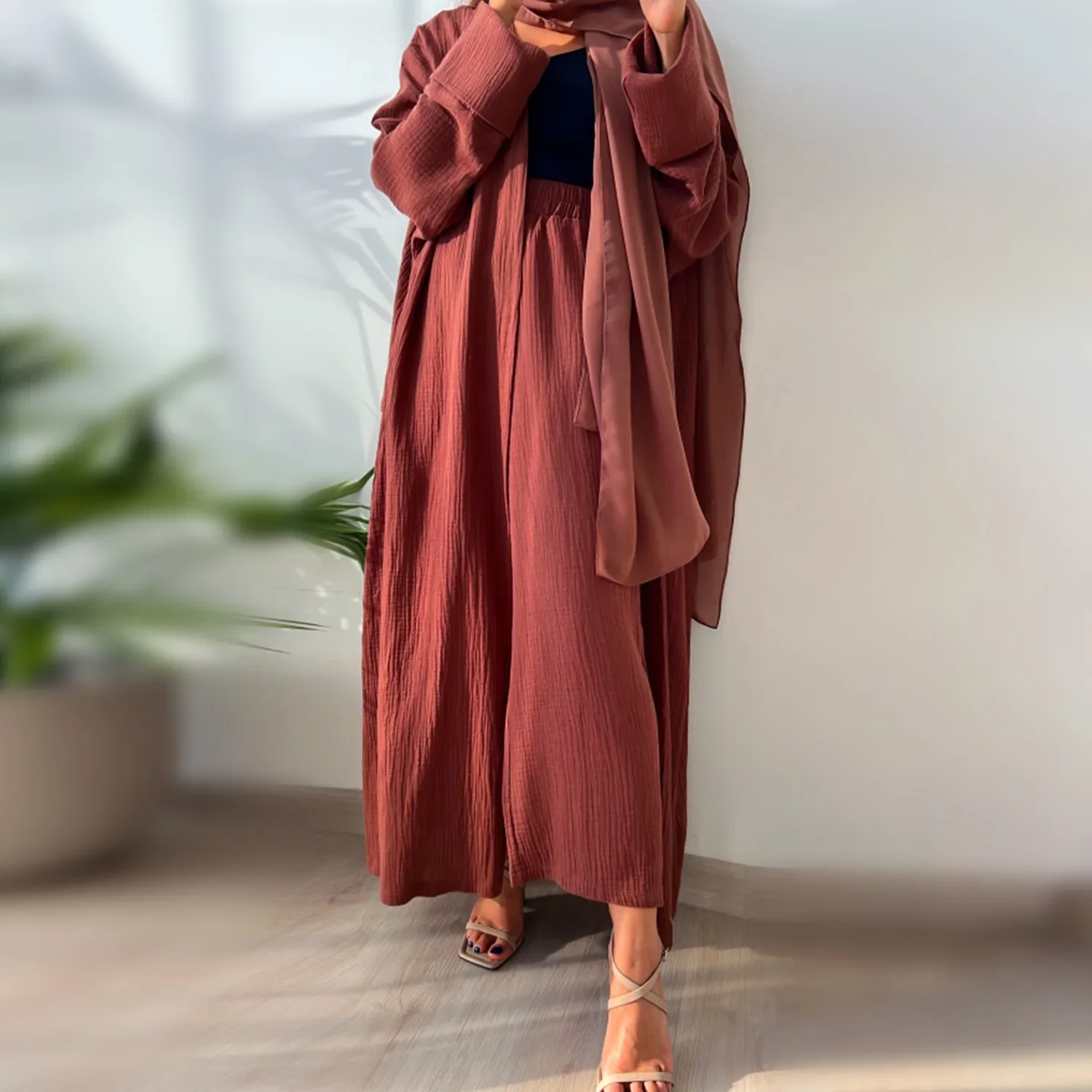 Summer Cotton Open Abaya with Pants Turkey Arabic Muslim Kimono Dress casual Abayas for Women Dubai African Islam Modest Outfit