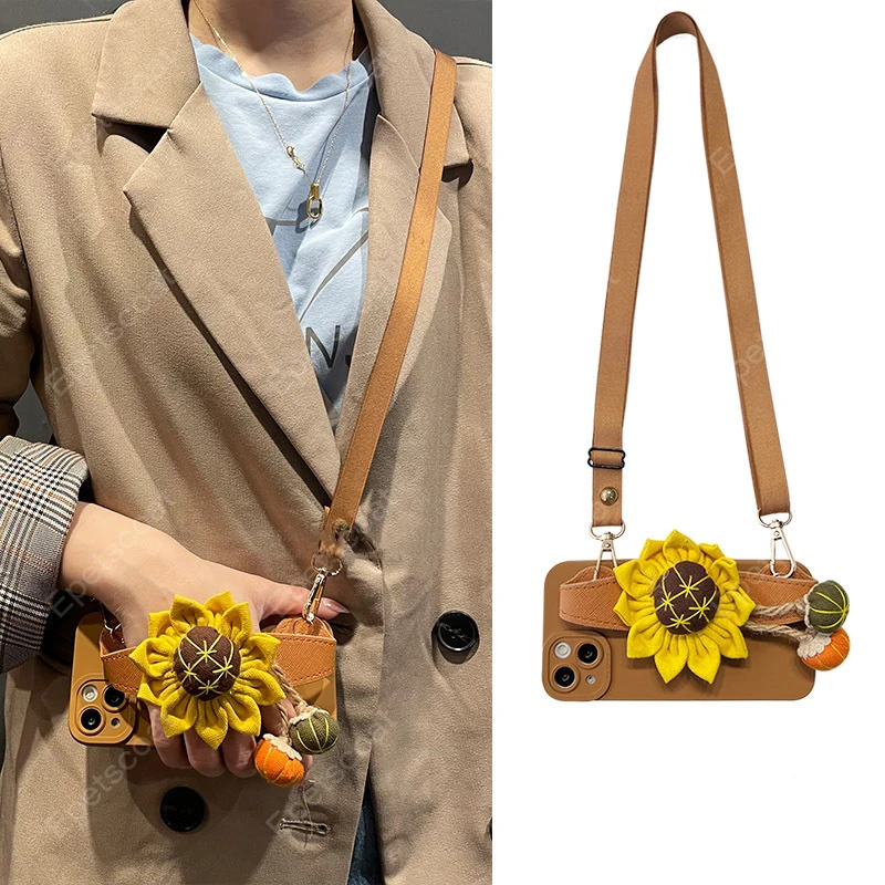 Plush sunflower crossbody lanyard wristband phone case for iPhone 16promax 15plus 14 13mini 12 11 Pro wholesale 136