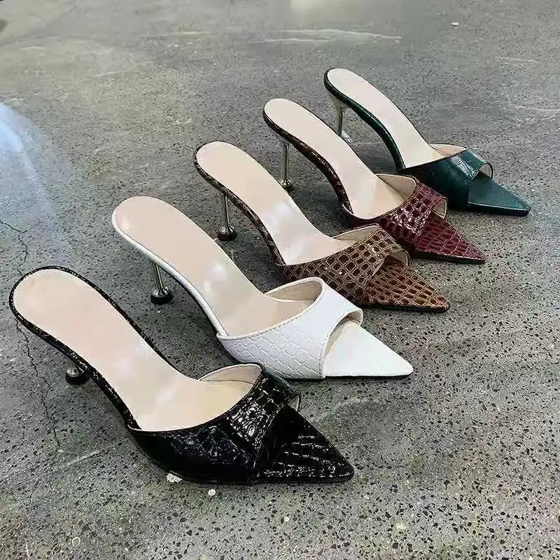 2022 Summer Women Slippers Snake Print Strappy Mule High Heels Slippers Sandals Flip Flops Pointed Toe Slides Party Shoes Woman