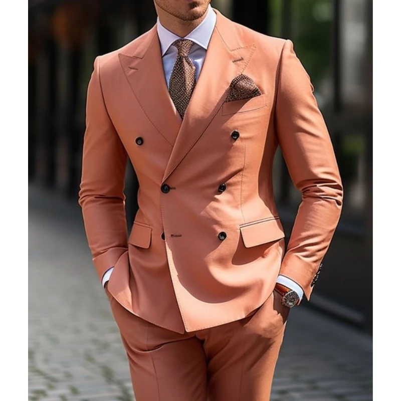

Light Orange Men's Wedding Suits Solid Color 2 Piece Daily Plus Size Double Breasted Six-buttons Formal Business Suits