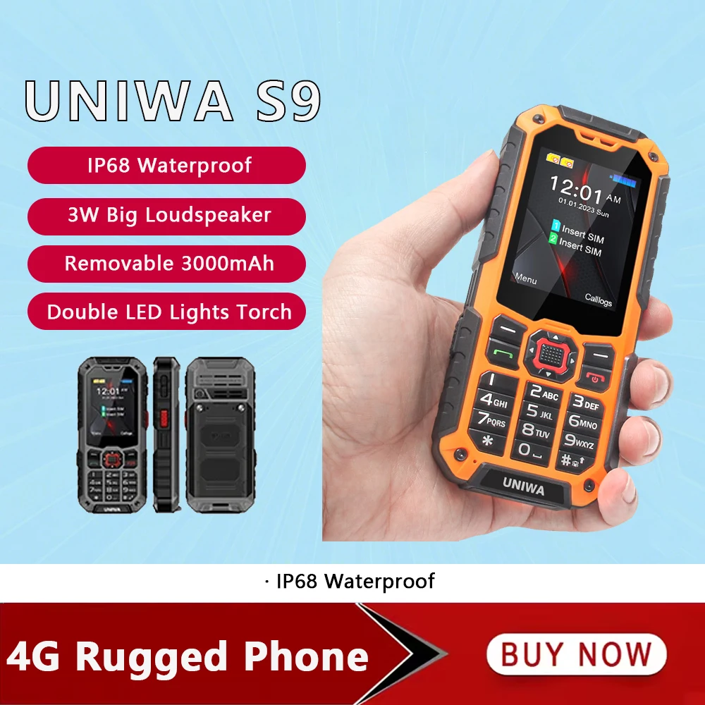 UNIWA S9 4G Feature-Phone, 2,4 Zoll, IP68 wasserdicht, SOS-Taste, 3W großer Lautsprecher, LED-Licht, 3000mAh, robustes Handy, günstiger Preis