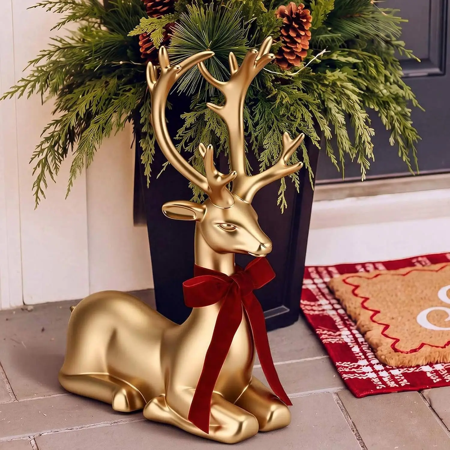 Christmas Reindeer Statue, Gold Resin Porch Decoration for Yard, 16-Inch Height