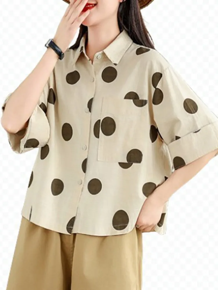 

Ретро японский Sle большой горошек хлопок льняной irt женский летний свободный повседневный маленький размер антивозрастной утягивающий топ f Sve