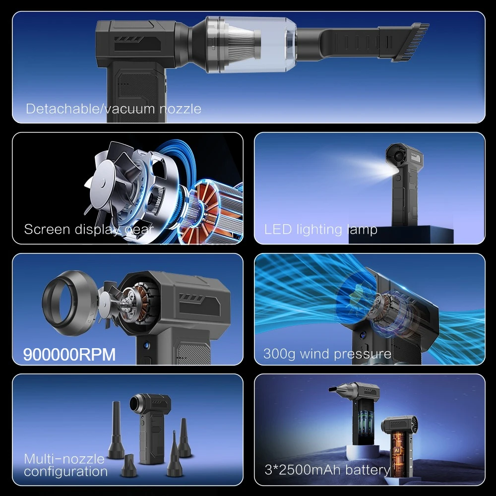 Электрический воздуходувка 900000 об/мин, мощный турбореактивный вентилятор, многоцелевой перезаряжаемый вентилятор со светодиодной подсветкой для автомобиля/ПК/наружного инструмента