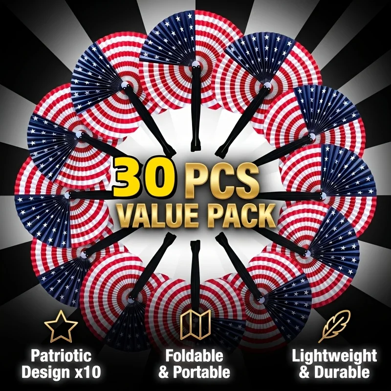 30Pcs Foldable US Flag Hand Fans, Portable 4th of July Independence Day Party Decorations