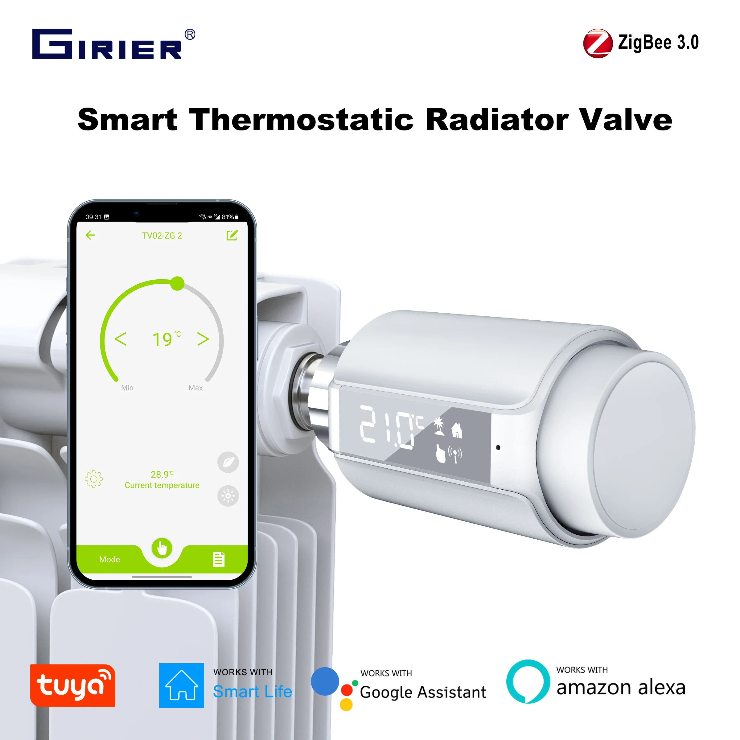 GIRIER TRV Tuya ZigBee Thermostatic Radiator Valve Smart Temperature Controller Programmable Thermostat Radiator Supports Alexa