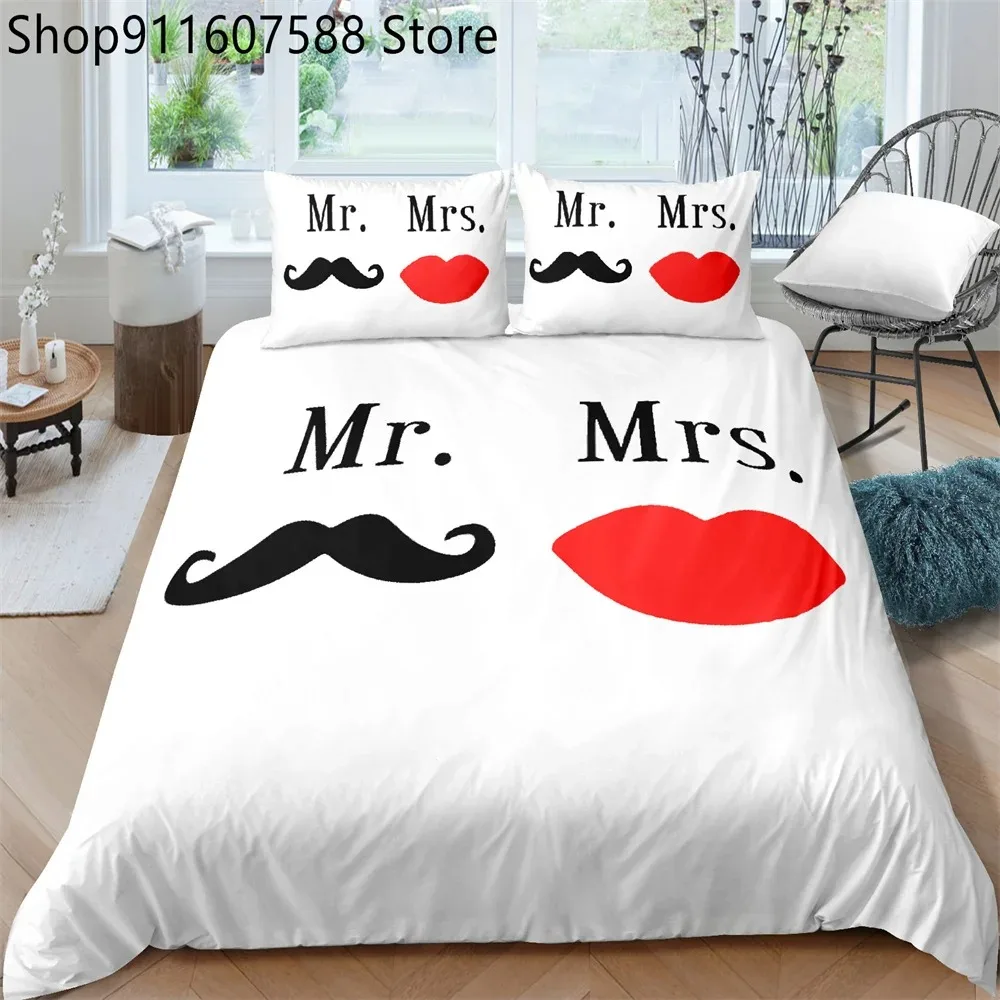 

Mr and Mrs Duvet Cover Set Queen King Size Red Lips Couple Romantic Theme Comforter Cover for Lover Microfiber Bedding Set