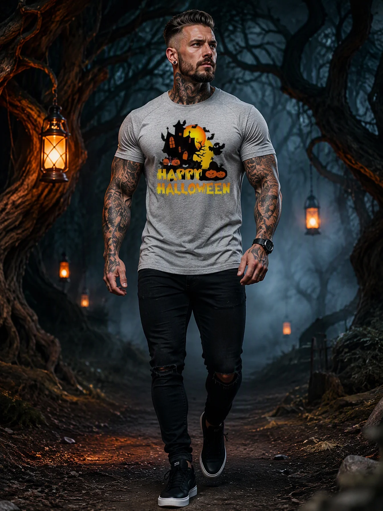Men's Outdoor Sports T-Shirt - Halloween Haunted Castle - Happy Halloween - Embroidered Silk Stretch Fitness Short Sleeve
