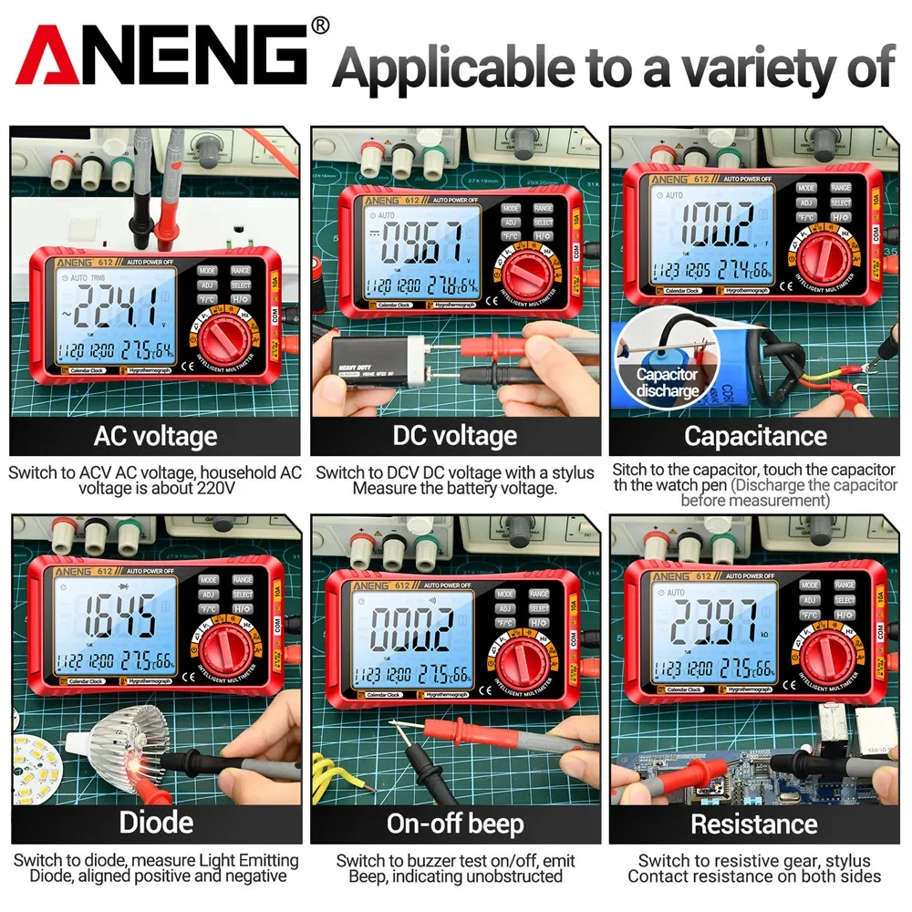 Imagem -05 - Aneng 612 Multímetros Digitais Inteligentes Capacitância de Tensão Corrente ac dc Medição Profissional Multimetro Test Tools