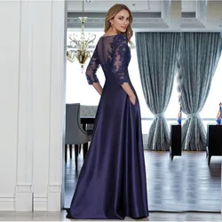 Charming uma linha roxo laço jewel neck mãe da noiva vestidos com três quartos mangas casamento convidados vestidos 2022 à venda