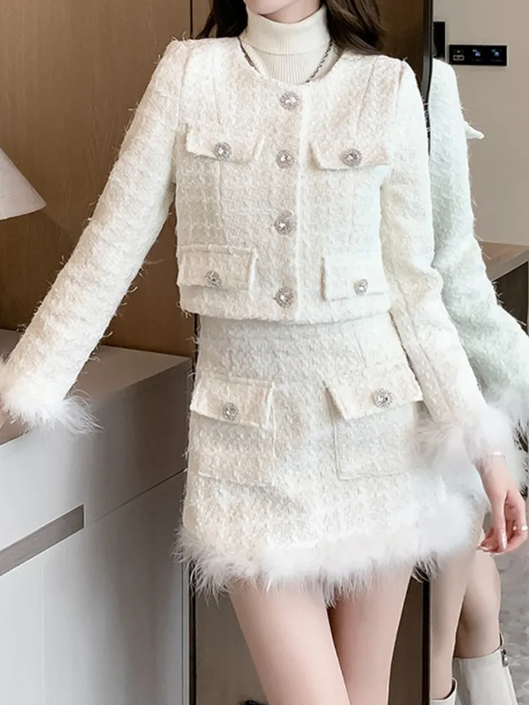 UCXQ Elegant Women\'s Sets European Style Feather Splicing O Neck Coat Short Skirt Fashion Two Piece Set 2024 Spring Autumn C2334