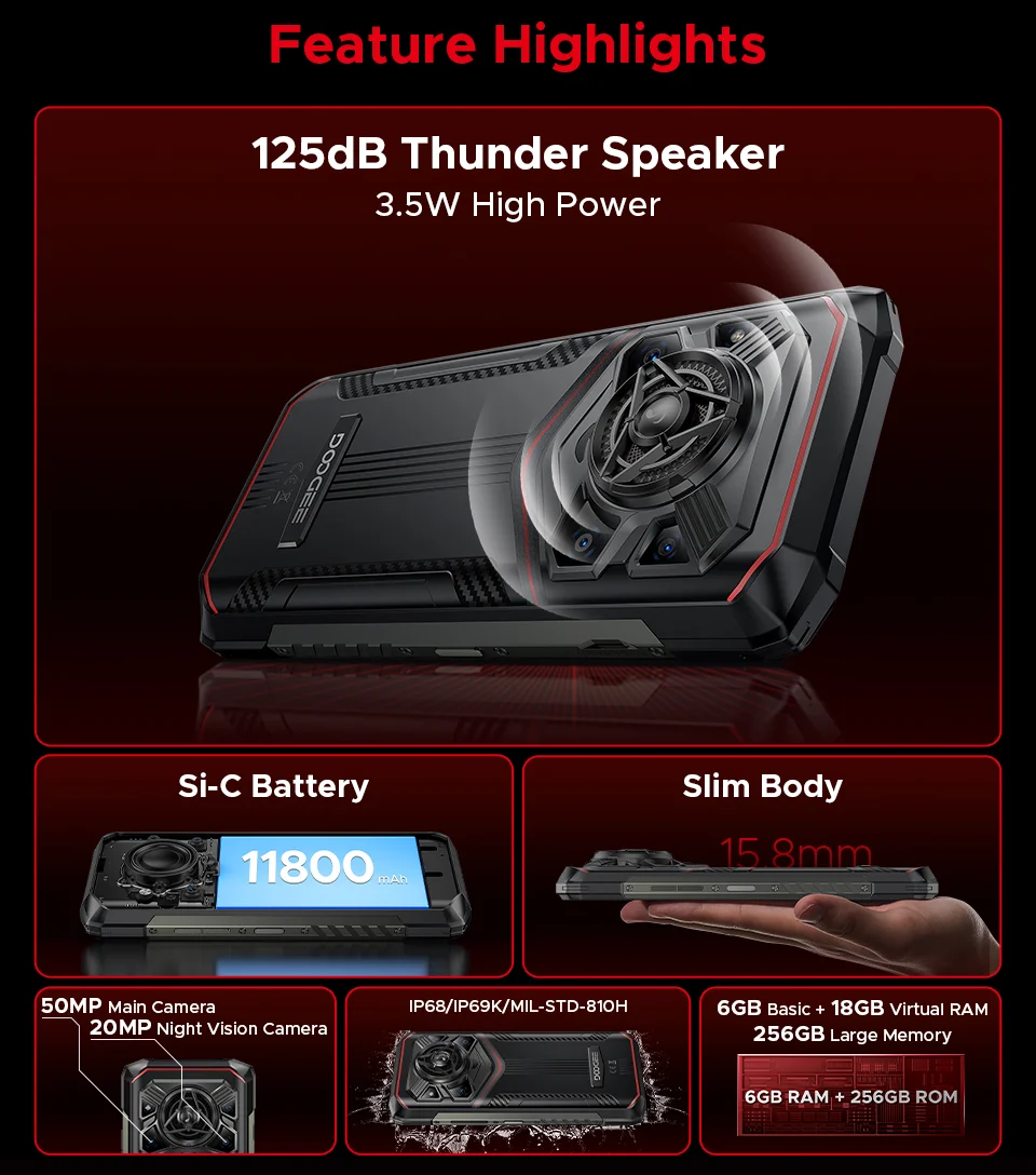 DOOGEE Blade20 Pro Rugged Smartphone 24GB+256GB 11800mAh UNISOC T7200 6.56" Screen 50MP+20MP Camera Night Vision 125dB Speaker