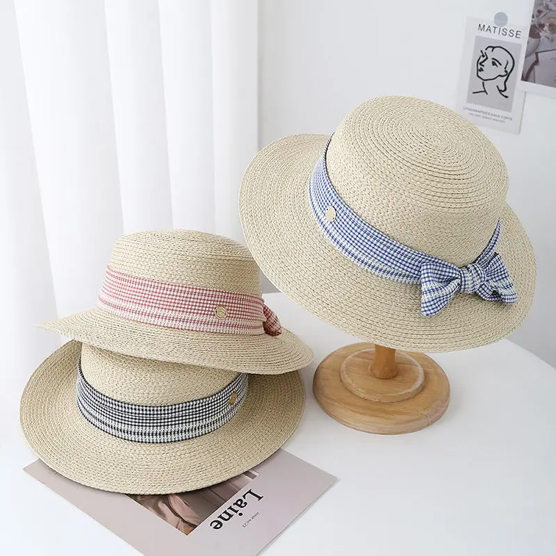 

2025 Свежая соломенная шляпа с французским бантом, женская летняя шляпа с большими полями и плоским верхом, приморская пляжная соломенная шляпа с плетением от солнца для женщин
